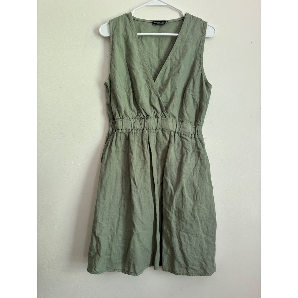 Francesca Bettini Italy Linen Blend Wrap V-Neck Midi Dress Sage Green M 24A156